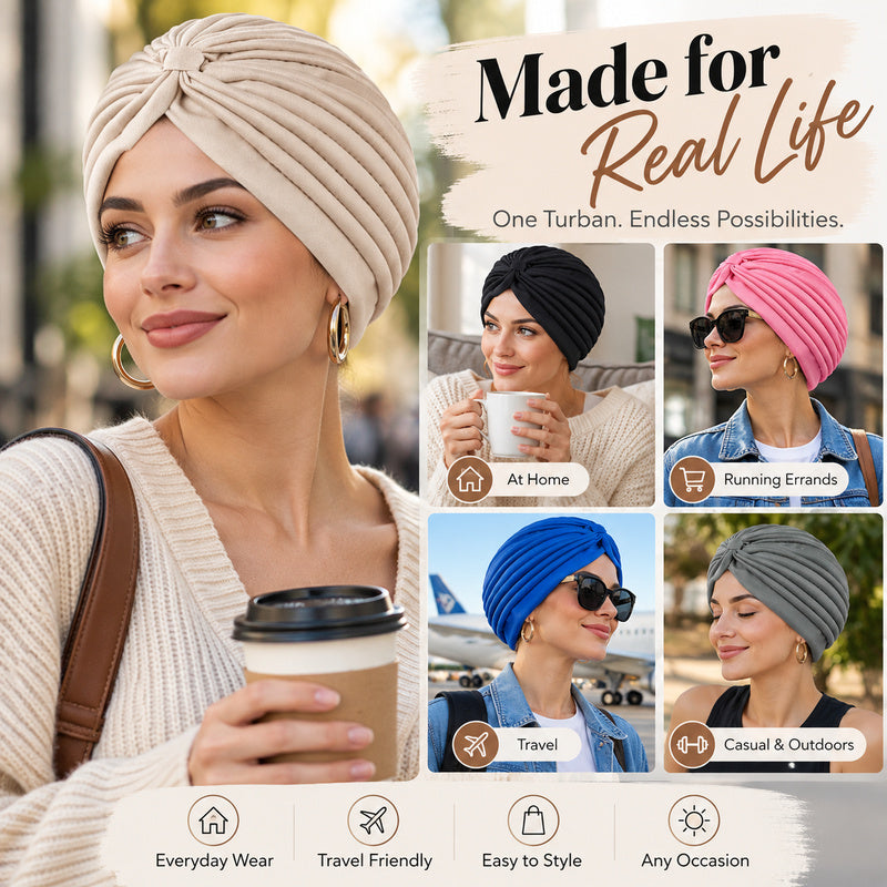 Pleated Stretch Turban Hat for Women
