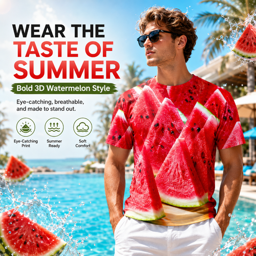 3D Watermelon Print Unisex Summer Casual Graphic T-Shirt