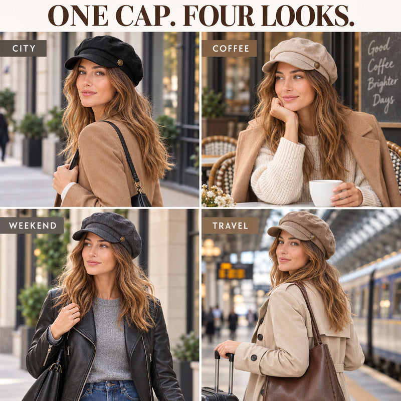 Vintage Baker Boy Cap — Pleated Crown, Metal Button, 4 Fall Neutrals