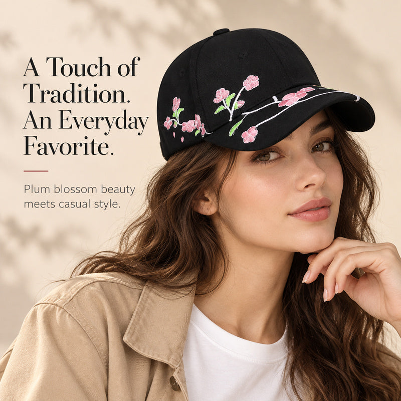 Chinese-Inspired Plum Blossom Embroidered Baseball Cap