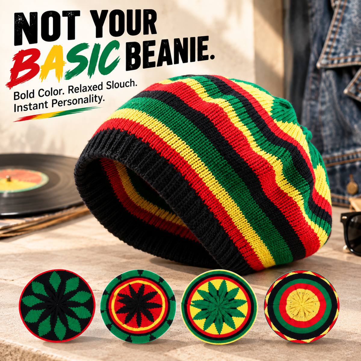 🌈 Colorful Rasta-Inspired Slouchy Knit Hat – Unisex Streetwear Beanie