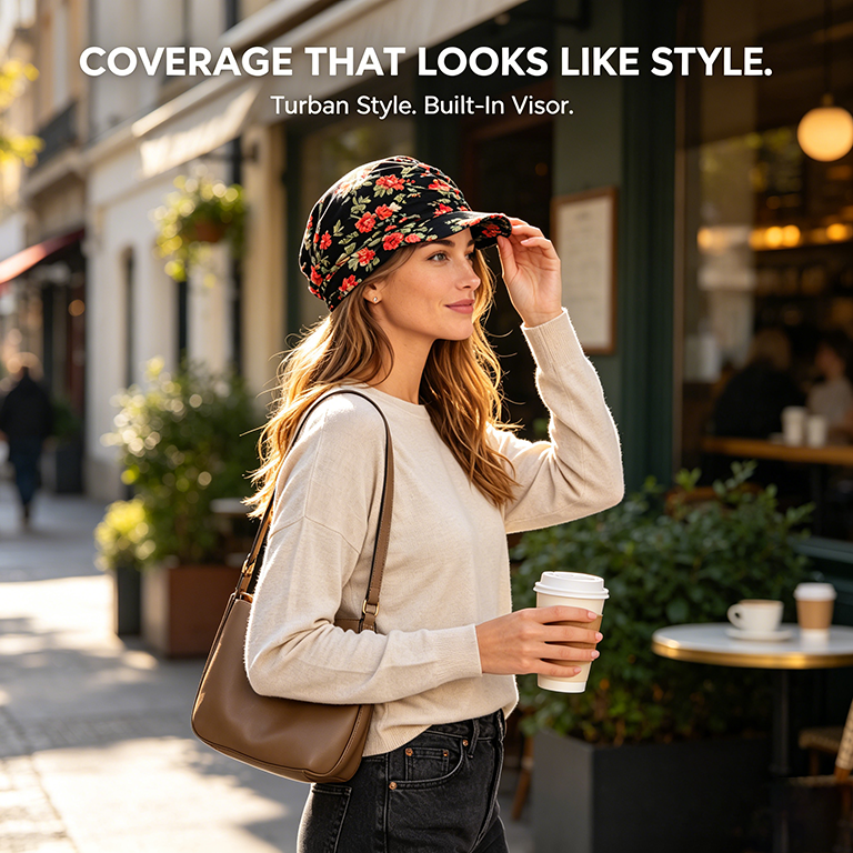 Floral Ruched Turban Cap— Full Coverage, Curved Brim, Multiple Prints