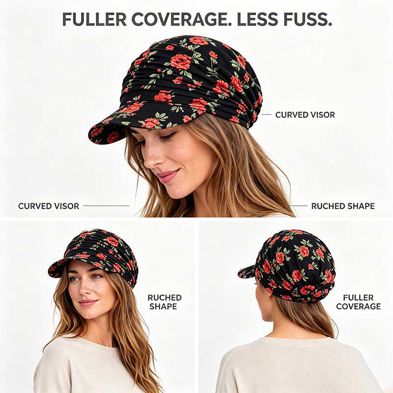 Floral Ruched Turban Cap— Full Coverage, Curved Brim, Multiple Prints