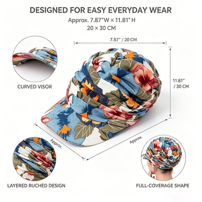Floral Ruched Turban Cap— Full Coverage, Curved Brim, Multiple Prints