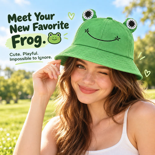 Cute Frog Bucket Hat with 3D Eyes – Playful Everyday Hat