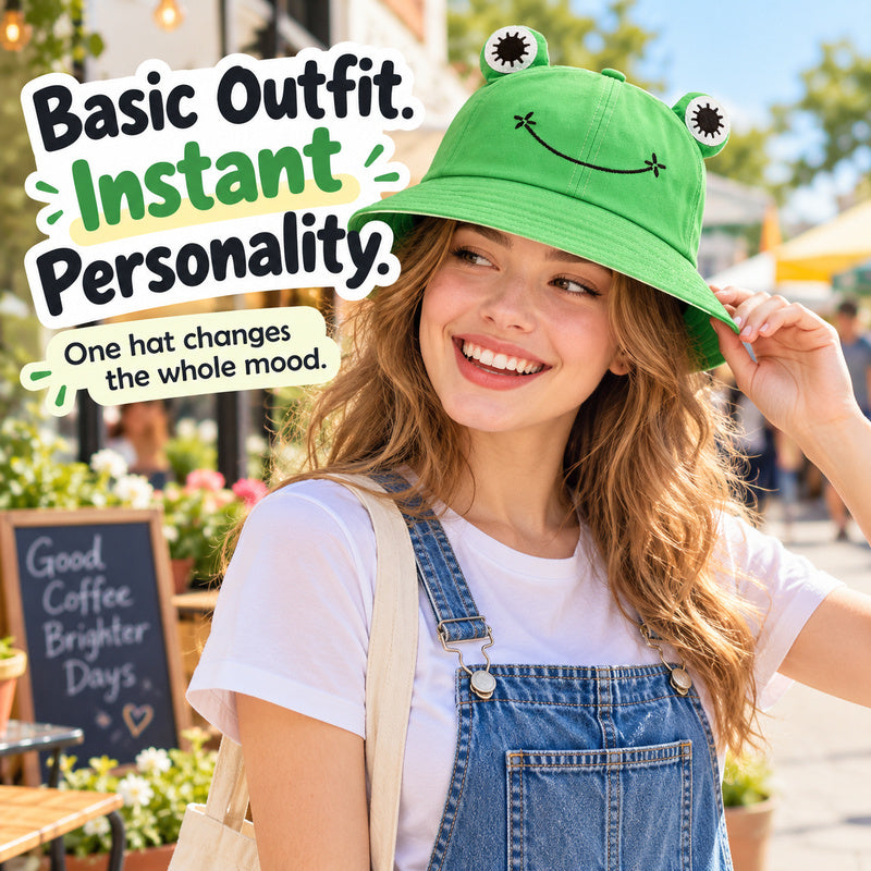 Cute Frog Bucket Hat with 3D Eyes – Playful Everyday Hat