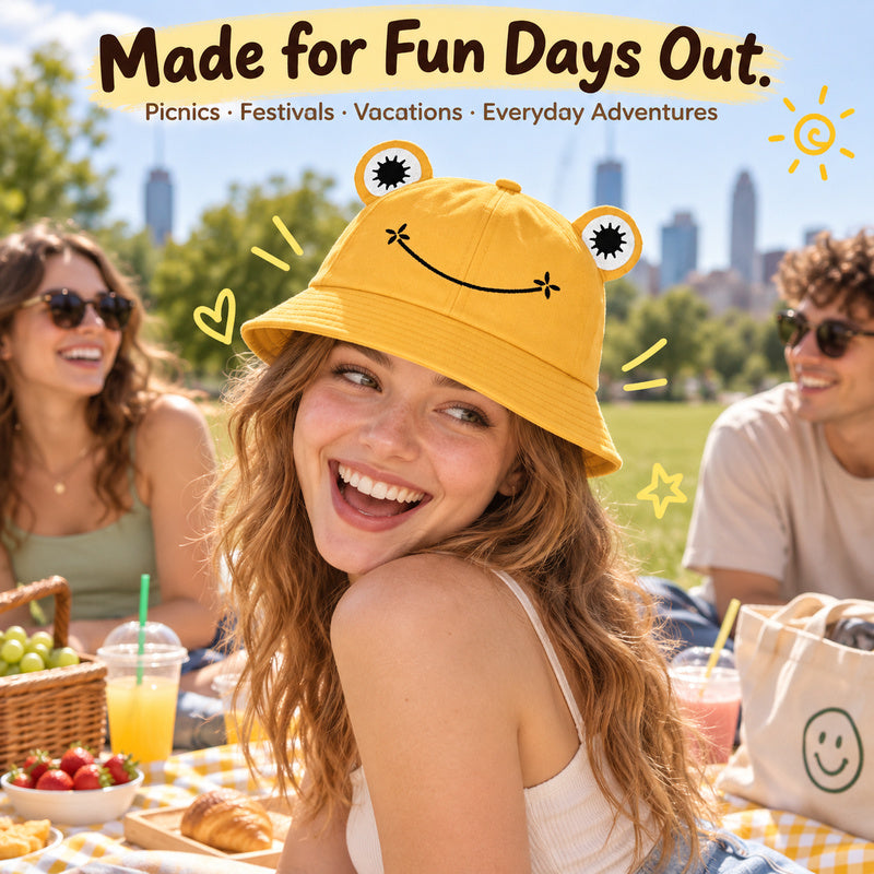 Cute Frog Bucket Hat with 3D Eyes – Playful Everyday Hat